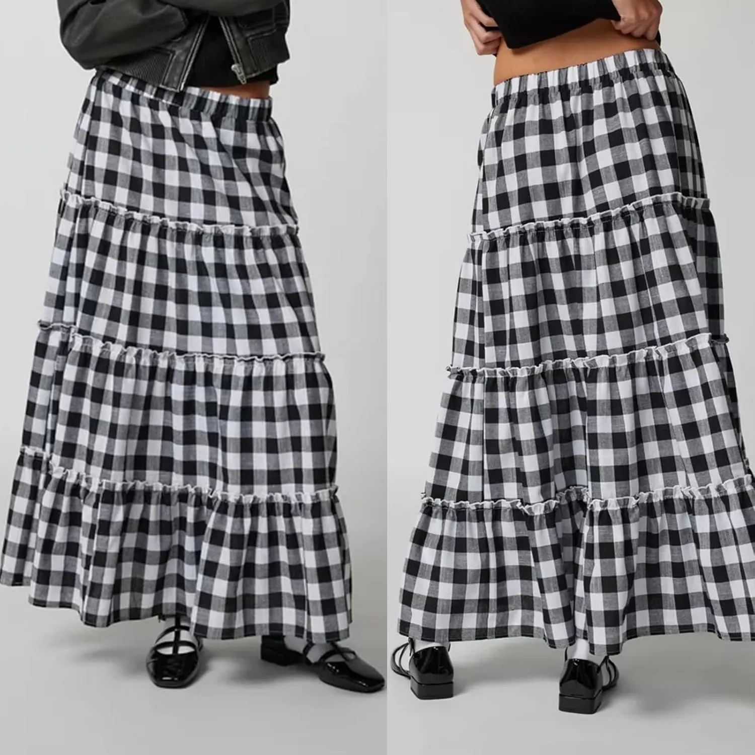 Plaid Tiered Maxi Skirt for Women Elastic High Waisted A-line Layered Gingham Ruffle Long Flowy Skirts