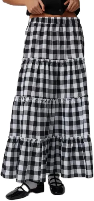 Plaid Tiered Maxi Skirt for Women Elastic High Waisted A-line Layered Gingham Ruffle Long Flowy Skirts