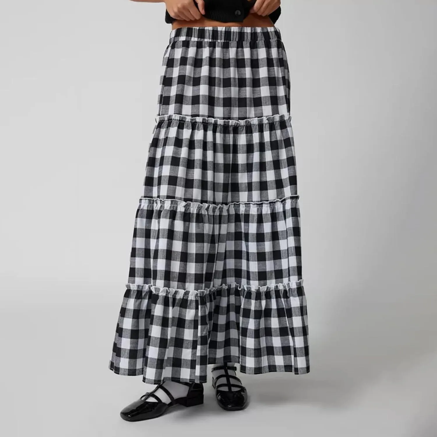 Plaid Tiered Maxi Skirt for Women Elastic High Waisted A-line Layered Gingham Ruffle Long Flowy Skirts