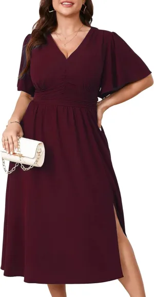 Plus Size Womens Dresses Wedding Guest Elegant V Neck Short Sleeve Flowy A-Line Split Cocktail Evening Maxi Dress