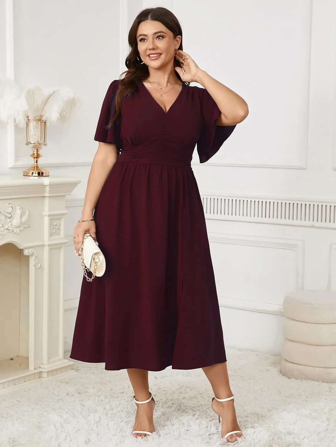 Plus Size Womens Dresses Wedding Guest Elegant V Neck Short Sleeve Flowy A-Line Split Cocktail Evening Maxi Dress