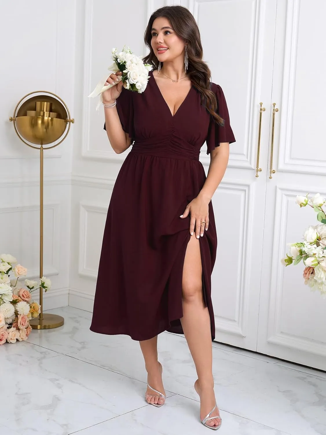 Plus Size Womens Dresses Wedding Guest Elegant V Neck Short Sleeve Flowy A-Line Split Cocktail Evening Maxi Dress