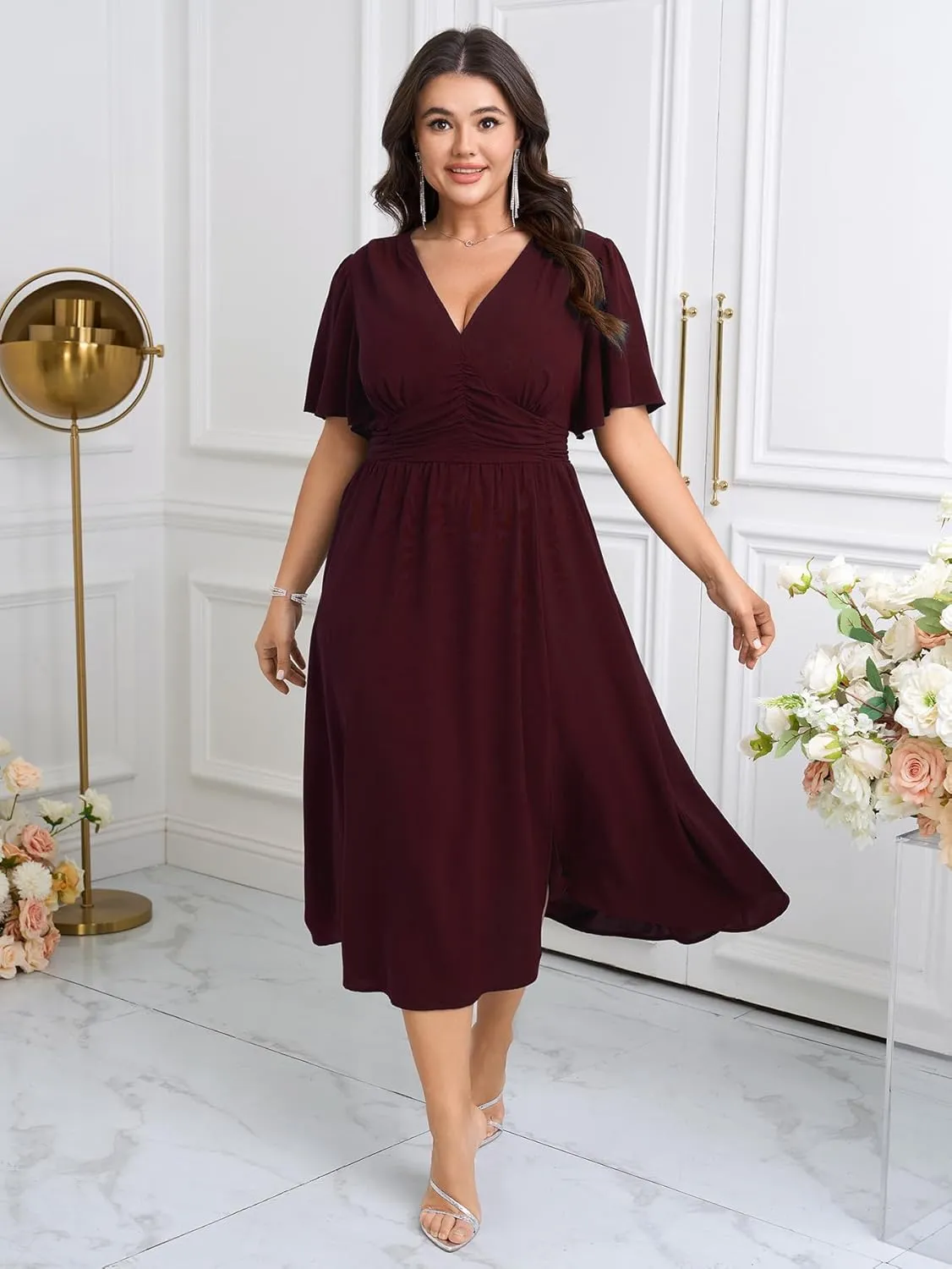 Plus Size Womens Dresses Wedding Guest Elegant V Neck Short Sleeve Flowy A-Line Split Cocktail Evening Maxi Dress