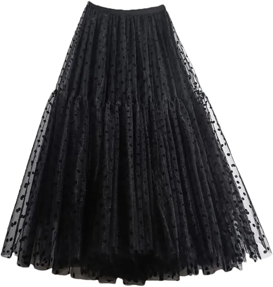 Polka Dot Tulle Skirts Women Casual Mesh Elastic High Waist A-Line Skirt Female Party Beach Midi Pleated Skirt