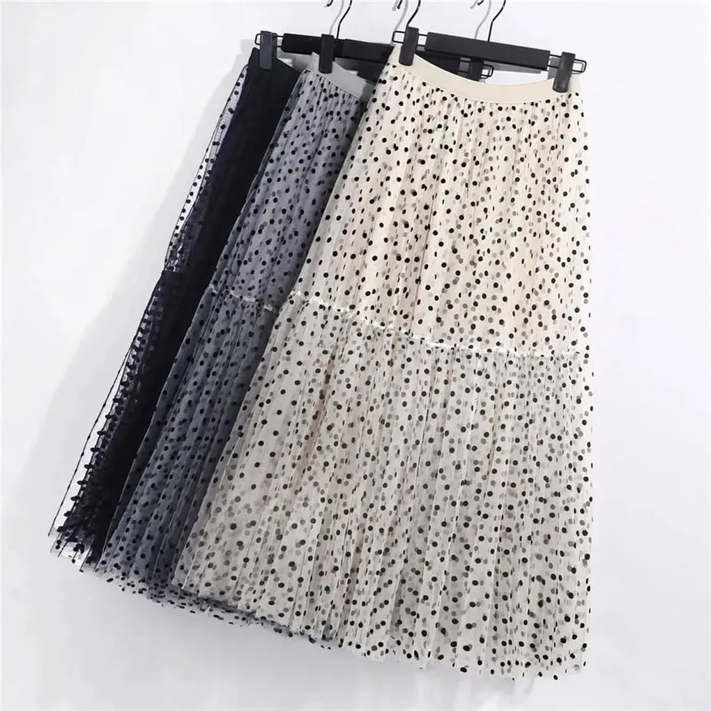 Polka Dot Tulle Skirts Women Casual Mesh Elastic High Waist A-Line Skirt Female Party Beach Midi Pleated Skirt