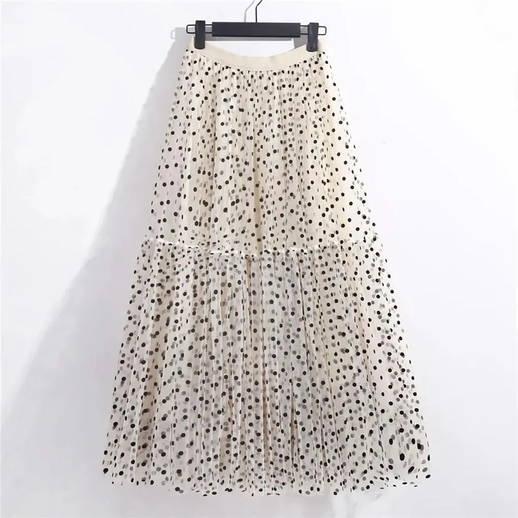Polka Dot Tulle Skirts Women Casual Mesh Elastic High Waist A-Line Skirt Female Party Beach Midi Pleated Skirt