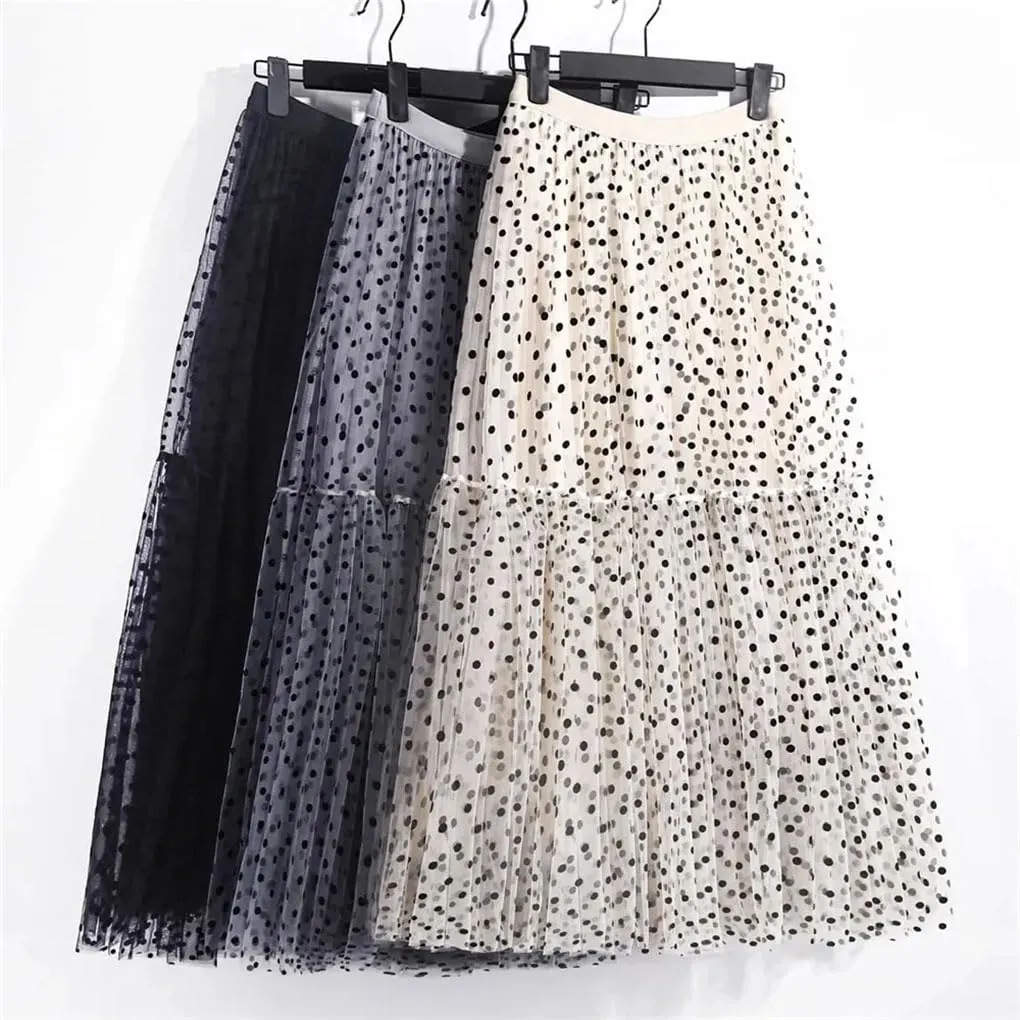 Polka Dot Tulle Skirts Women Casual Mesh Elastic High Waist A-Line Skirt Female Party Beach Midi Pleated Skirt