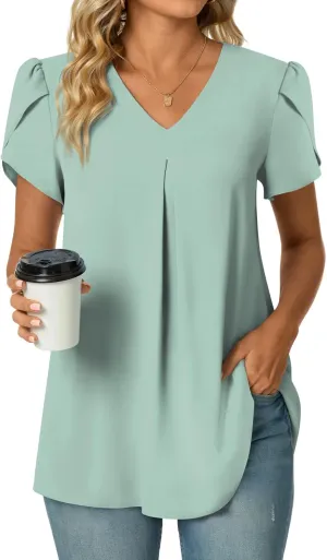 POPYOUNG Women's Summer Dressy Chiffon Blouses Short Sleeve V Neck Tunic Tops for Leggings Casual T-Shirts