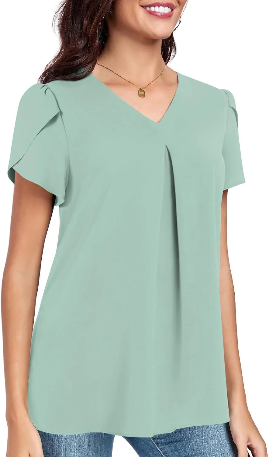 POPYOUNG Women's Summer Dressy Chiffon Blouses Short Sleeve V Neck Tunic Tops for Leggings Casual T-Shirts
