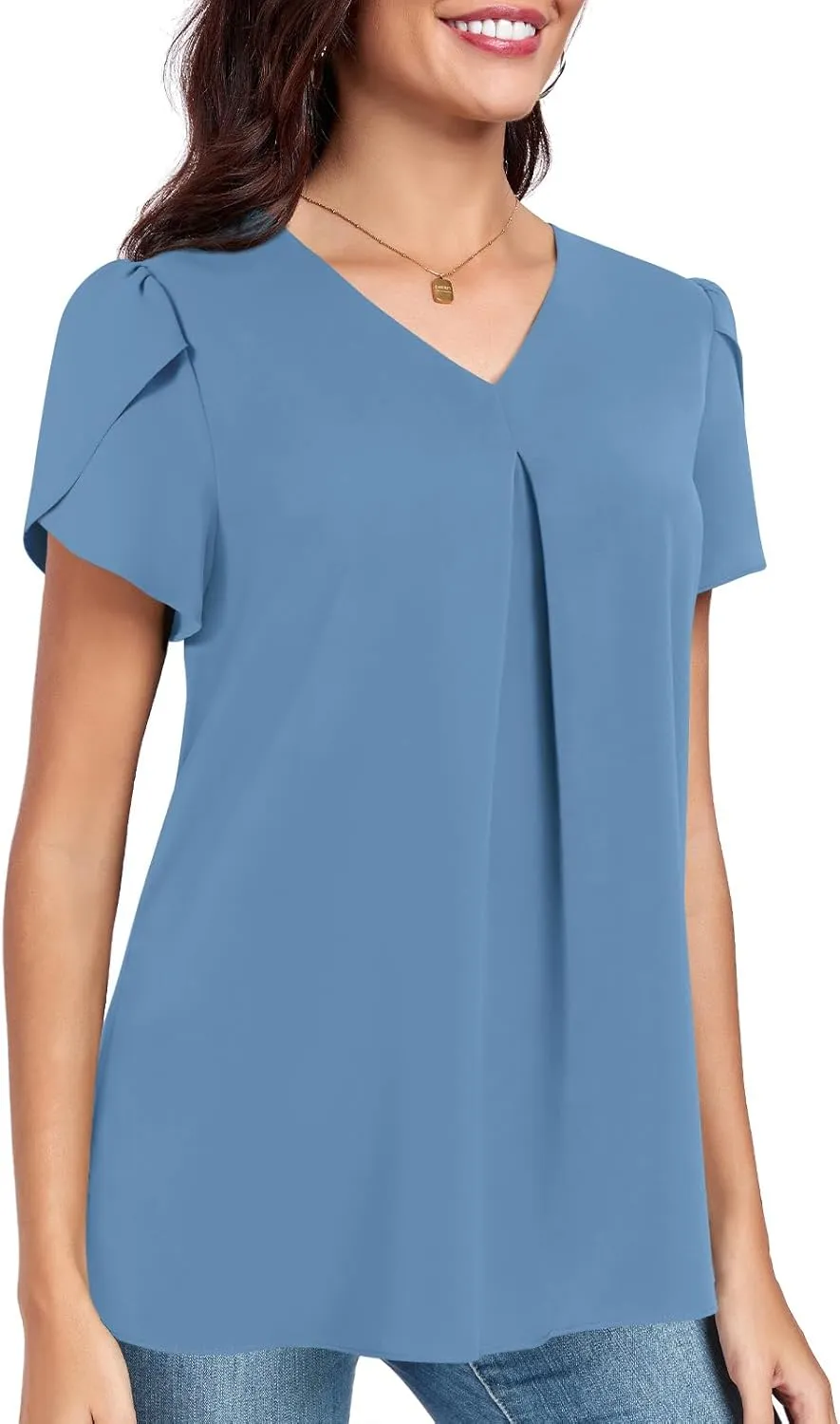 POPYOUNG Women's Summer Dressy Chiffon Blouses Short Sleeve V Neck Tunic Tops for Leggings Casual T-Shirts