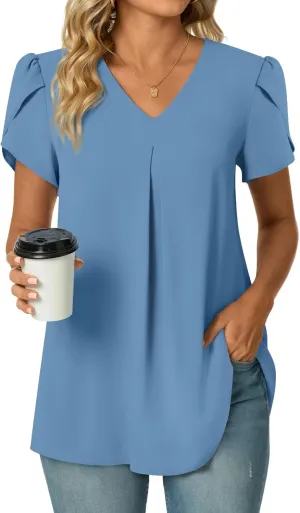 POPYOUNG Women's Summer Dressy Chiffon Blouses Short Sleeve V Neck Tunic Tops for Leggings Casual T-Shirts