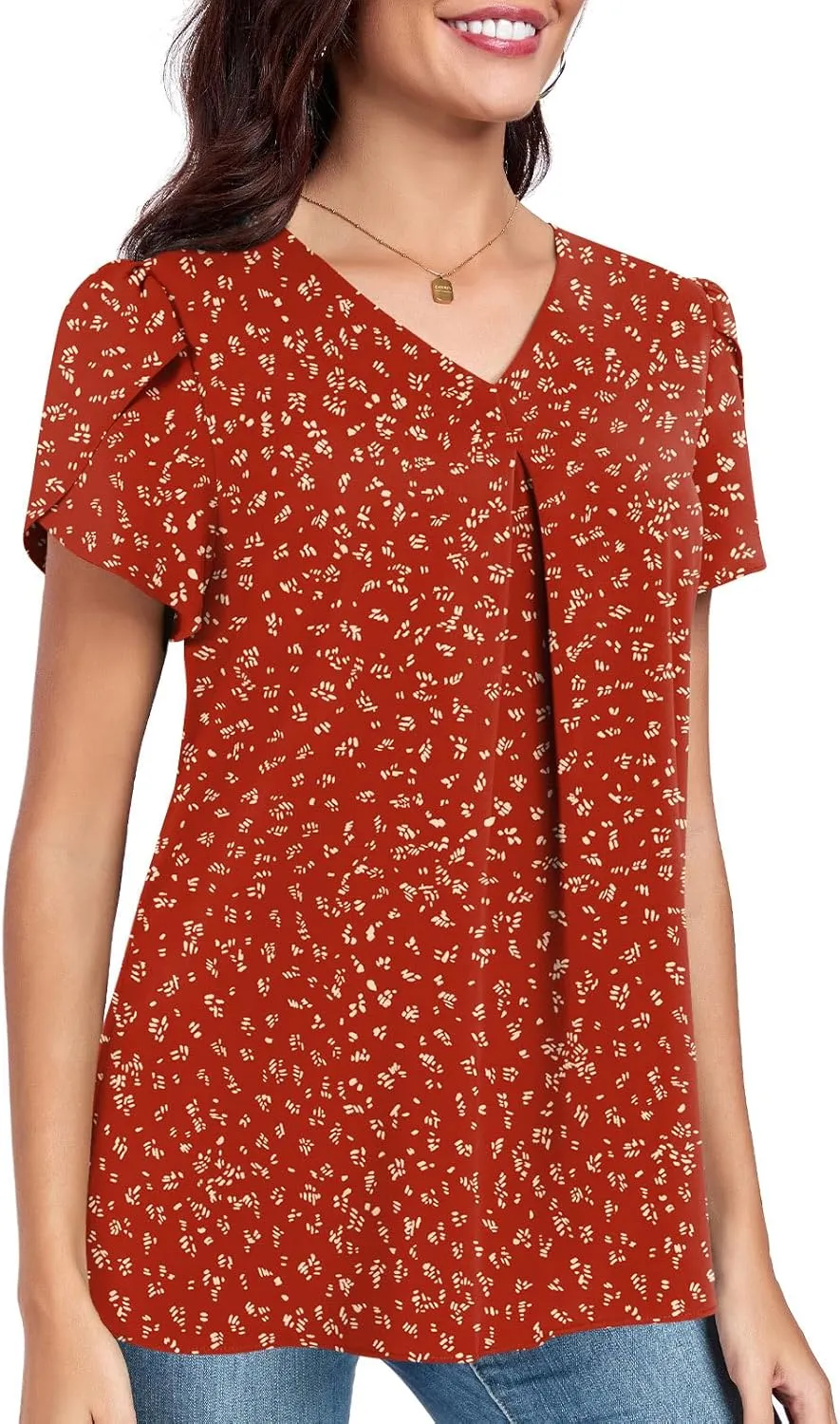 POPYOUNG Women's Summer Dressy Chiffon Blouses Short Sleeve V Neck Tunic Tops for Leggings Casual T-Shirts