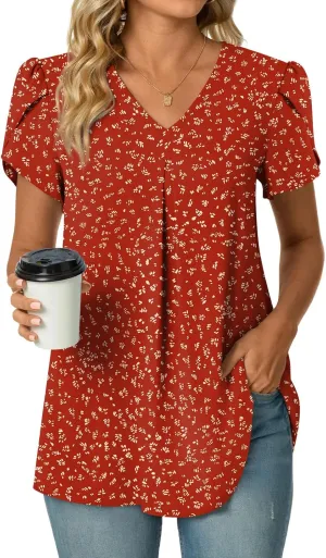 POPYOUNG Women's Summer Dressy Chiffon Blouses Short Sleeve V Neck Tunic Tops for Leggings Casual T-Shirts
