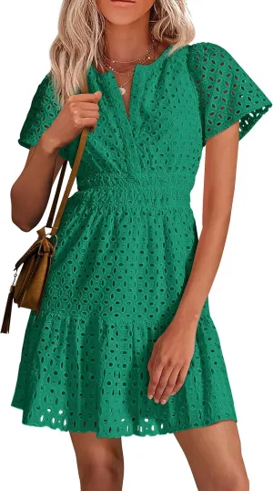 PRETTYGARDEN 2025 Women Summer Short Dress V Neck Short Sleeve A Line Hollow Out Lace Ruffle Cute Casual Beach Party Dresses