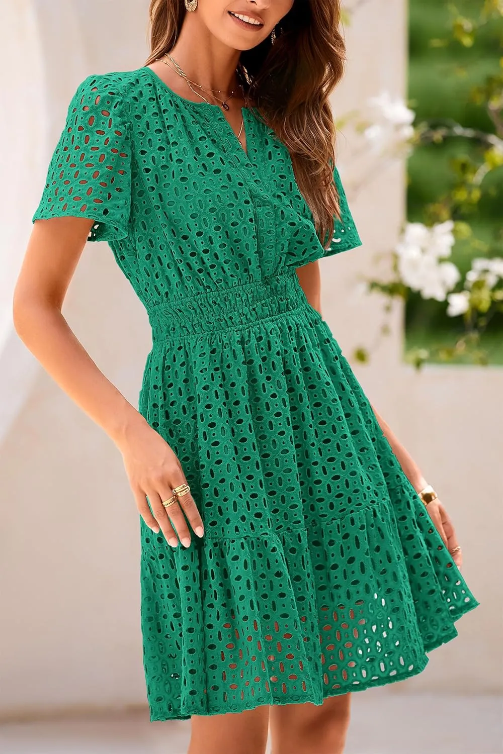 PRETTYGARDEN 2025 Women Summer Short Dress V Neck Short Sleeve A Line Hollow Out Lace Ruffle Cute Casual Beach Party Dresses