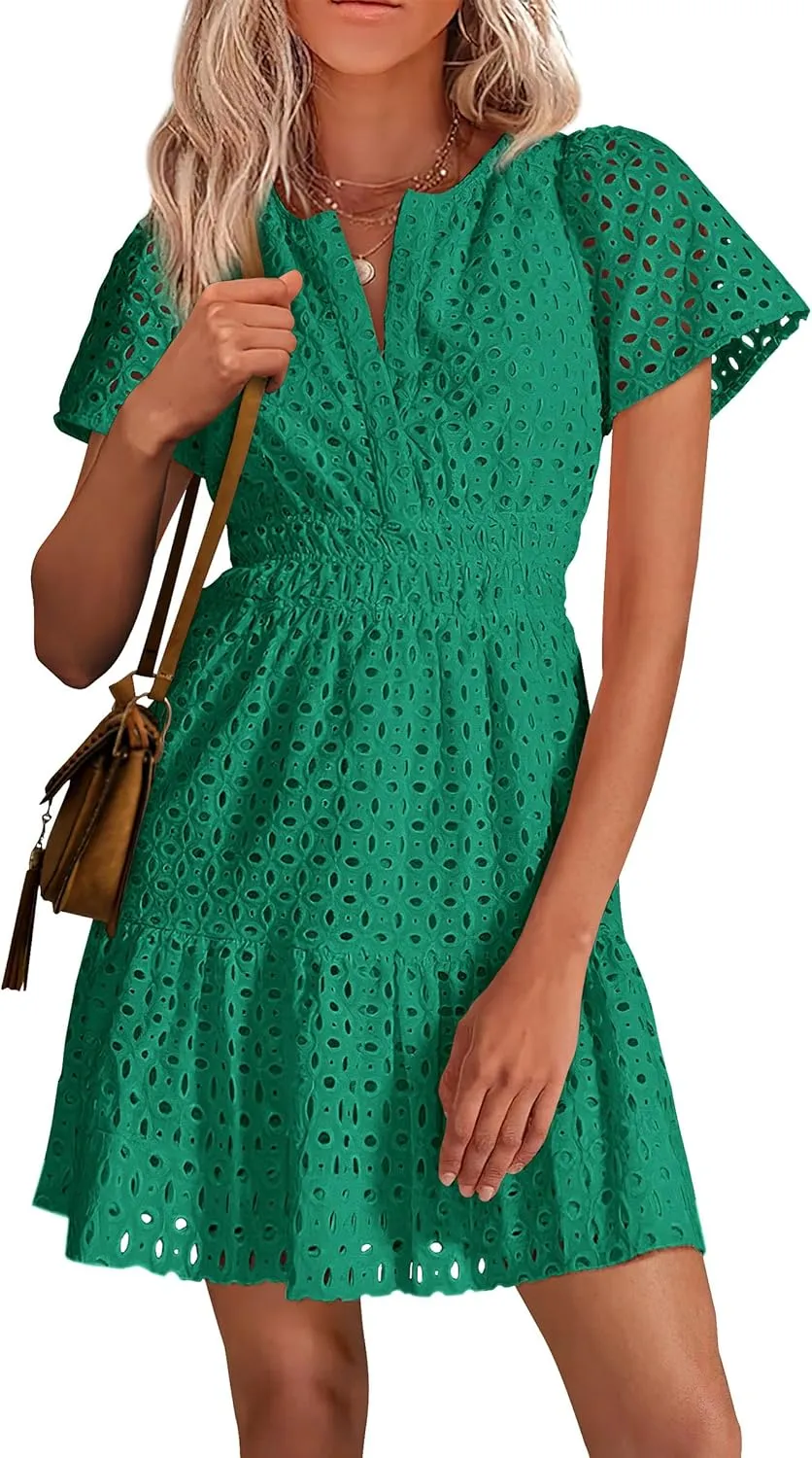 PRETTYGARDEN 2025 Women Summer Short Dress V Neck Short Sleeve A Line Hollow Out Lace Ruffle Cute Casual Beach Party Dresses