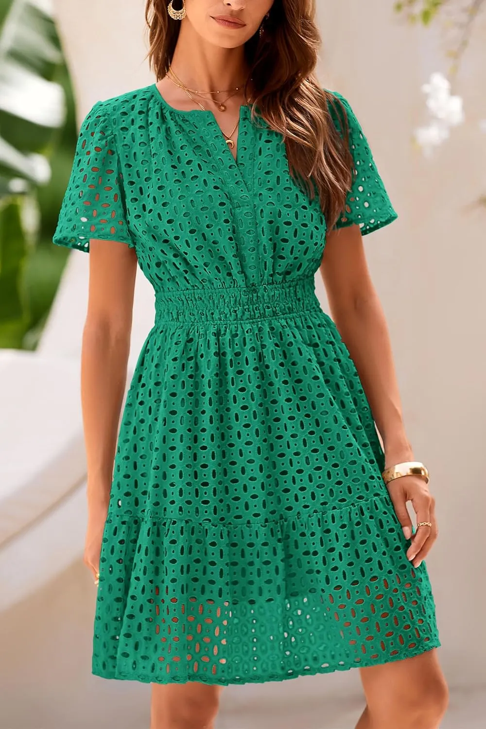PRETTYGARDEN 2025 Women Summer Short Dress V Neck Short Sleeve A Line Hollow Out Lace Ruffle Cute Casual Beach Party Dresses