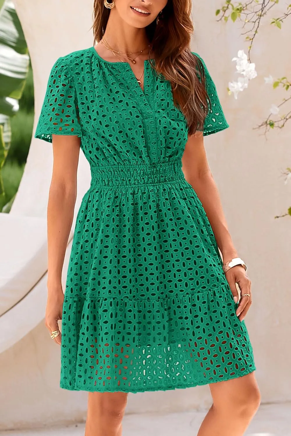 PRETTYGARDEN 2025 Women Summer Short Dress V Neck Short Sleeve A Line Hollow Out Lace Ruffle Cute Casual Beach Party Dresses