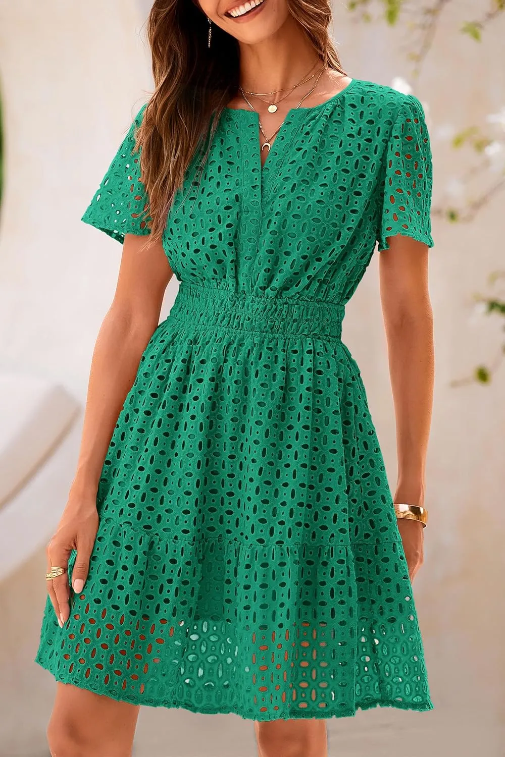PRETTYGARDEN 2025 Women Summer Short Dress V Neck Short Sleeve A Line Hollow Out Lace Ruffle Cute Casual Beach Party Dresses