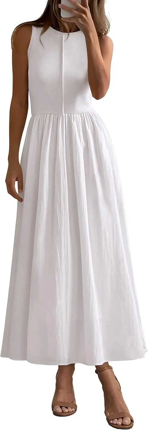 PRETTYGARDEN Women Maxi Dresses 2025 Summer Casual Sleeveless Patchwork Knit Tank Dress Flowy Beach Sundress Long Dress