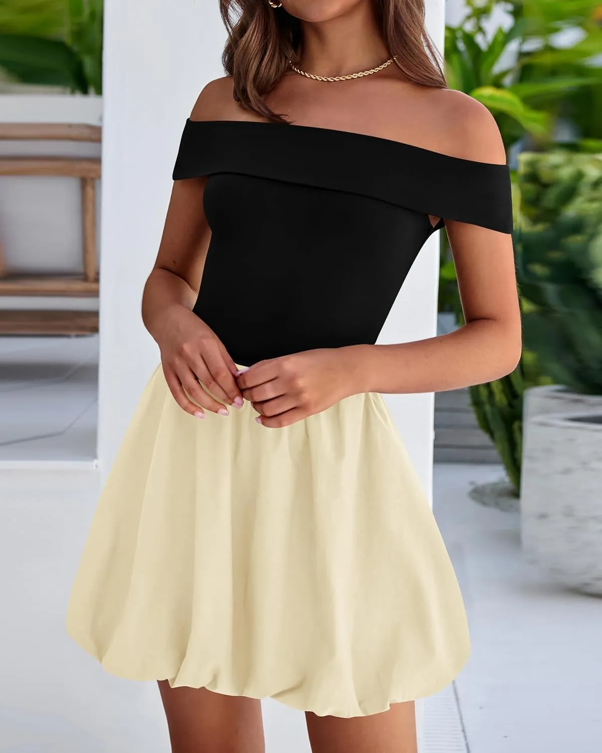 PRETTYGARDEN Women Summer Sexy Off Shoulder Bubble Dress 2025 Knit and Woven Cocktail Party Mini Dresses with Pockets