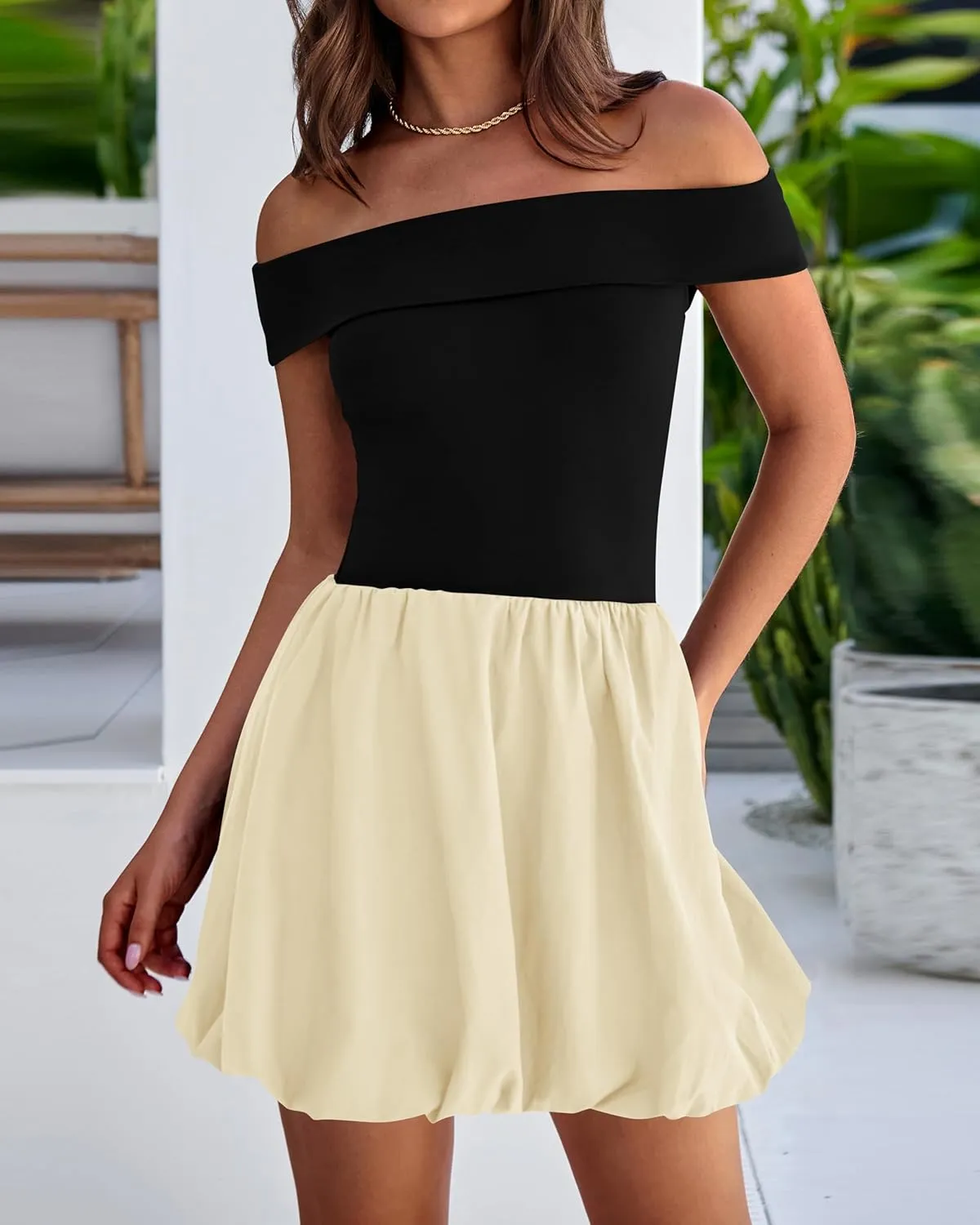 PRETTYGARDEN Women Summer Sexy Off Shoulder Bubble Dress 2025 Knit and Woven Cocktail Party Mini Dresses with Pockets