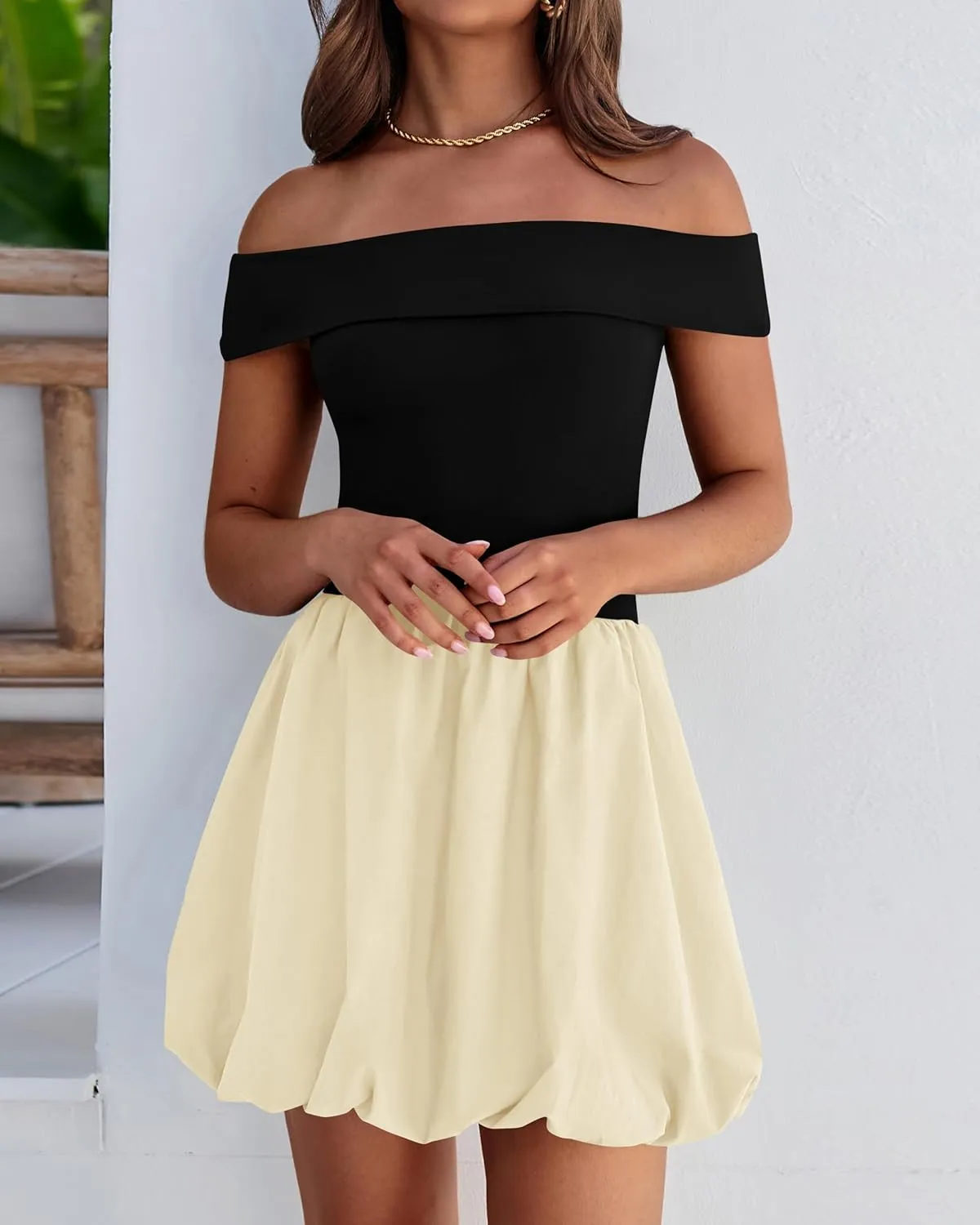 PRETTYGARDEN Women Summer Sexy Off Shoulder Bubble Dress 2025 Knit and Woven Cocktail Party Mini Dresses with Pockets