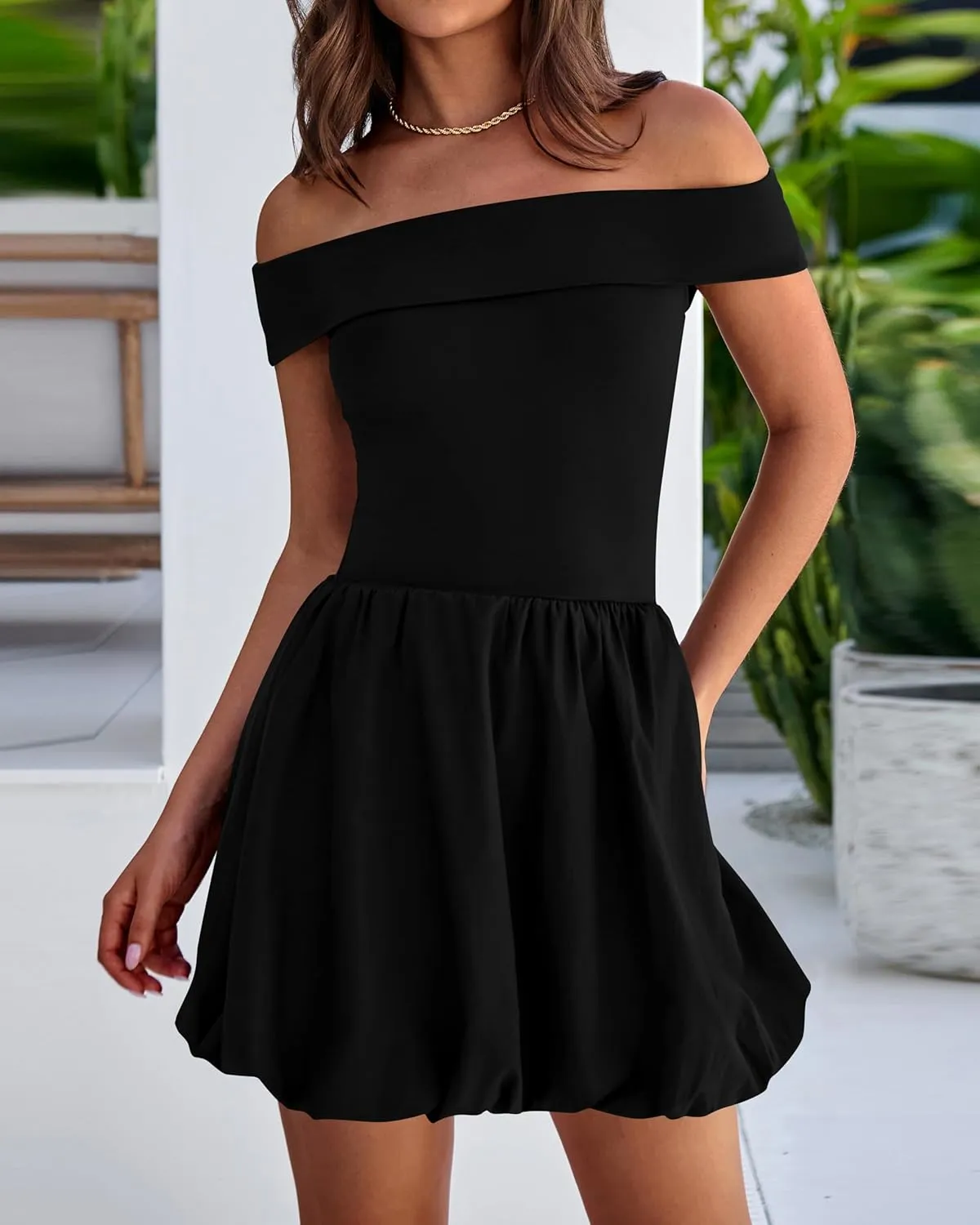 PRETTYGARDEN Women Summer Sexy Off Shoulder Bubble Dress 2025 Knit and Woven Cocktail Party Mini Dresses with Pockets