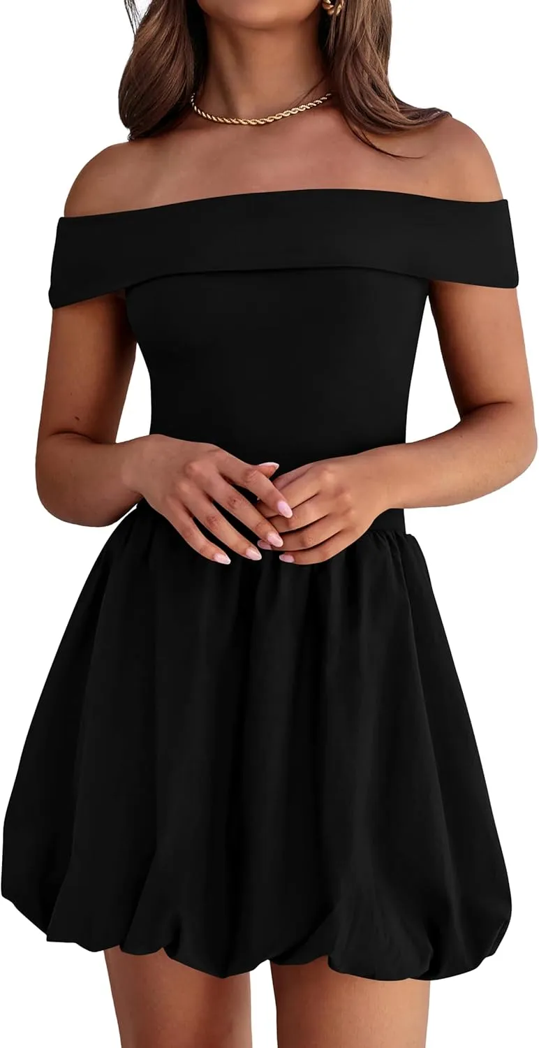 PRETTYGARDEN Women Summer Sexy Off Shoulder Bubble Dress 2025 Knit and Woven Cocktail Party Mini Dresses with Pockets
