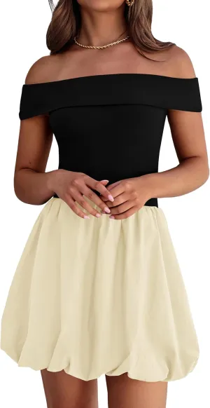 PRETTYGARDEN Women Summer Sexy Off Shoulder Bubble Dress 2025 Knit and Woven Cocktail Party Mini Dresses with Pockets