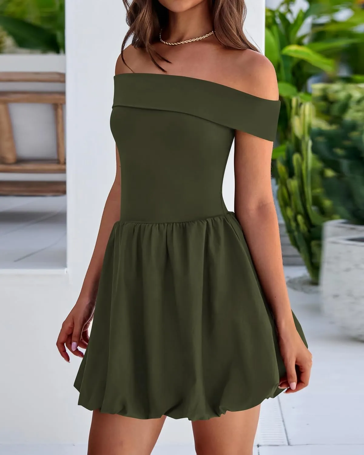 PRETTYGARDEN Women Summer Sexy Off Shoulder Bubble Dress 2025 Knit and Woven Cocktail Party Mini Dresses with Pockets
