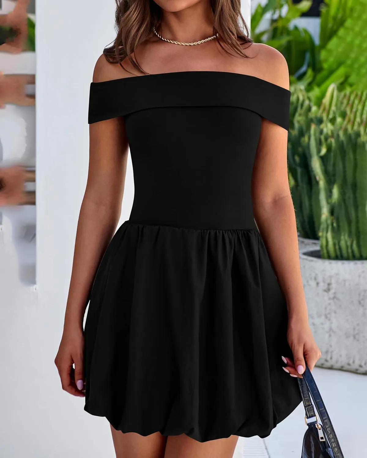 PRETTYGARDEN Women Summer Sexy Off Shoulder Bubble Dress 2025 Knit and Woven Cocktail Party Mini Dresses with Pockets