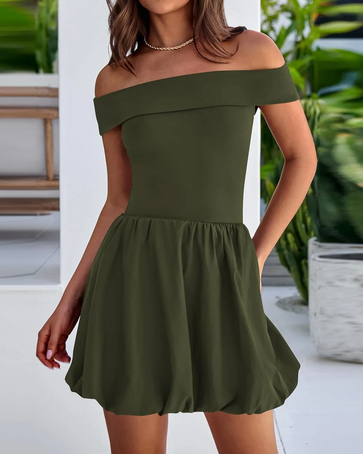 PRETTYGARDEN Women Summer Sexy Off Shoulder Bubble Dress 2025 Knit and Woven Cocktail Party Mini Dresses with Pockets