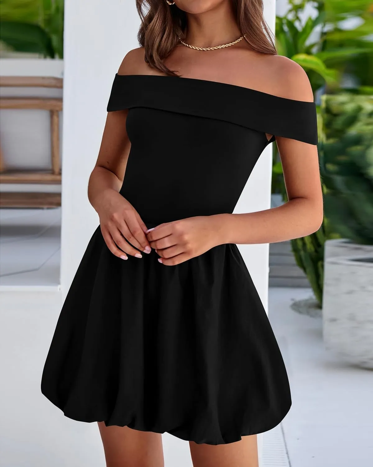 PRETTYGARDEN Women Summer Sexy Off Shoulder Bubble Dress 2025 Knit and Woven Cocktail Party Mini Dresses with Pockets