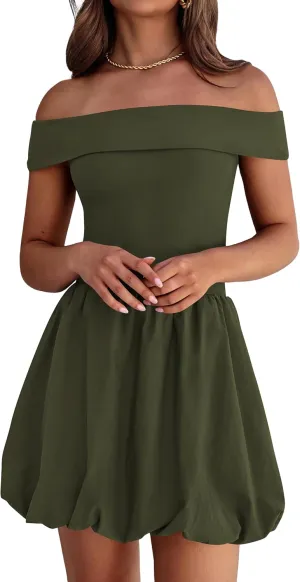 PRETTYGARDEN Women Summer Sexy Off Shoulder Bubble Dress 2025 Knit and Woven Cocktail Party Mini Dresses with Pockets