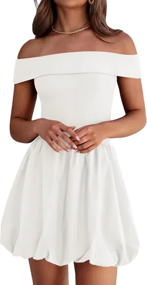 PRETTYGARDEN Women Summer Sexy Off Shoulder Bubble Dress 2025 Knit and Woven Cocktail Party Mini Dresses with Pockets