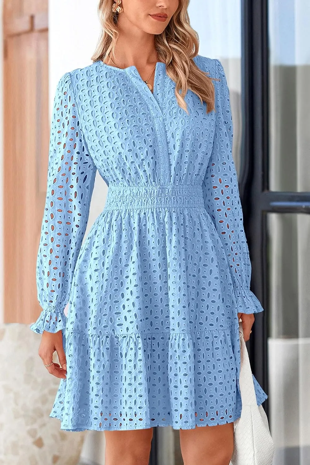 PRETTYGARDEN Women's 2025 Long Sleeve Mini Dress Eyelet V Neck A Line Casual Elegant Holiday Wedding Guest Party Dresses