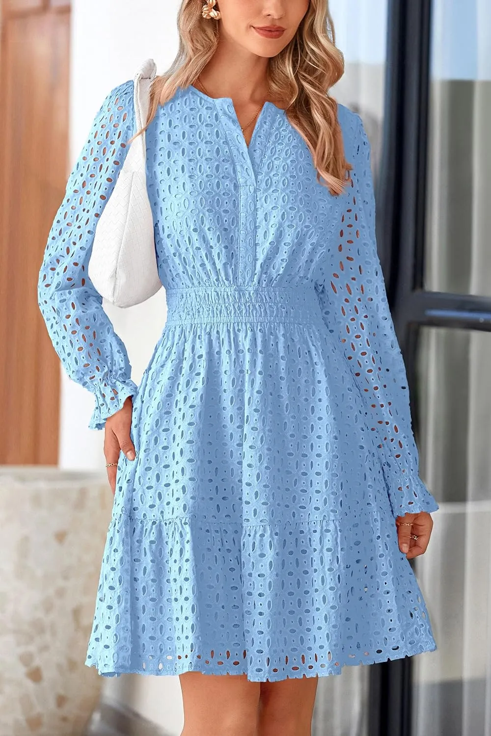 PRETTYGARDEN Women's 2025 Long Sleeve Mini Dress Eyelet V Neck A Line Casual Elegant Holiday Wedding Guest Party Dresses