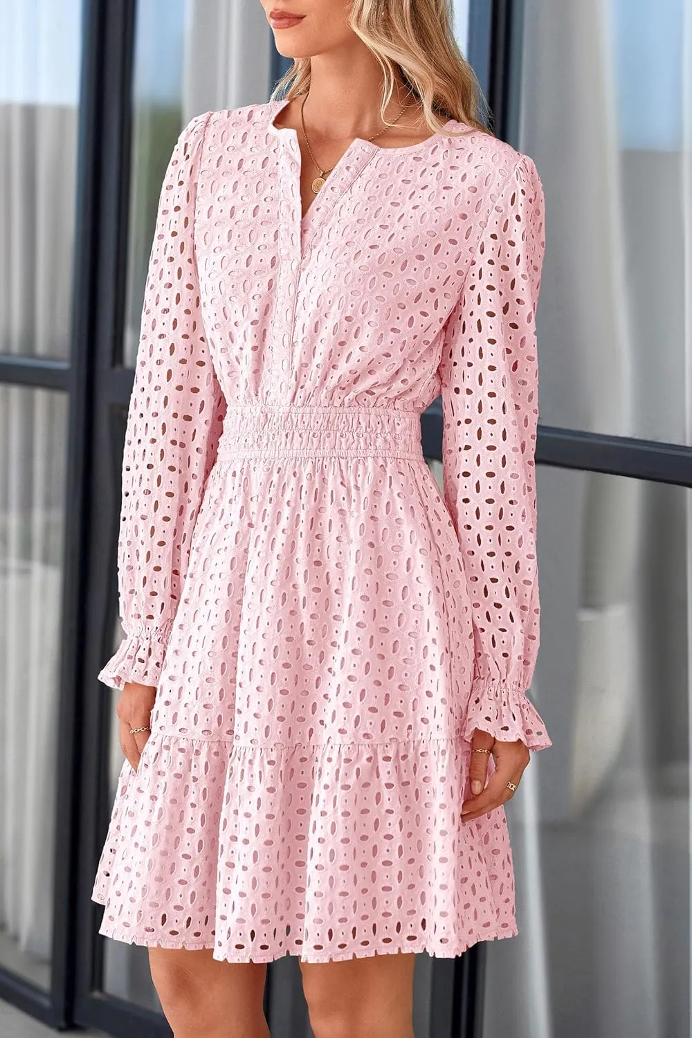 PRETTYGARDEN Women's 2025 Long Sleeve Mini Dress Eyelet V Neck A Line Casual Elegant Holiday Wedding Guest Party Dresses