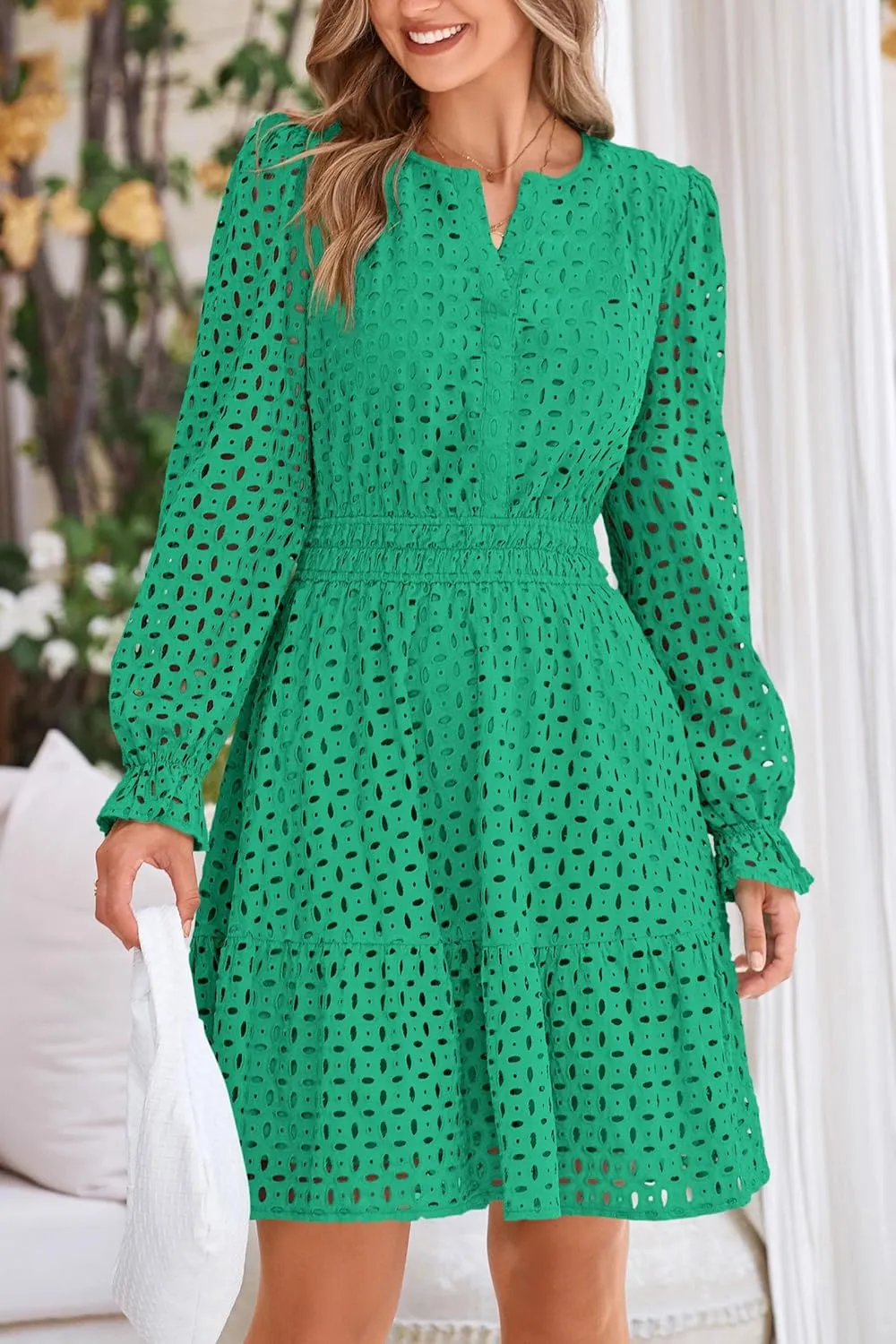 PRETTYGARDEN Women's 2025 Long Sleeve Mini Dress Eyelet V Neck A Line Casual Elegant Holiday Wedding Guest Party Dresses