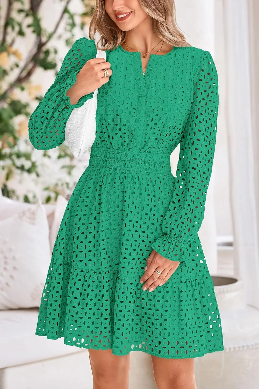 PRETTYGARDEN Women's 2025 Long Sleeve Mini Dress Eyelet V Neck A Line Casual Elegant Holiday Wedding Guest Party Dresses