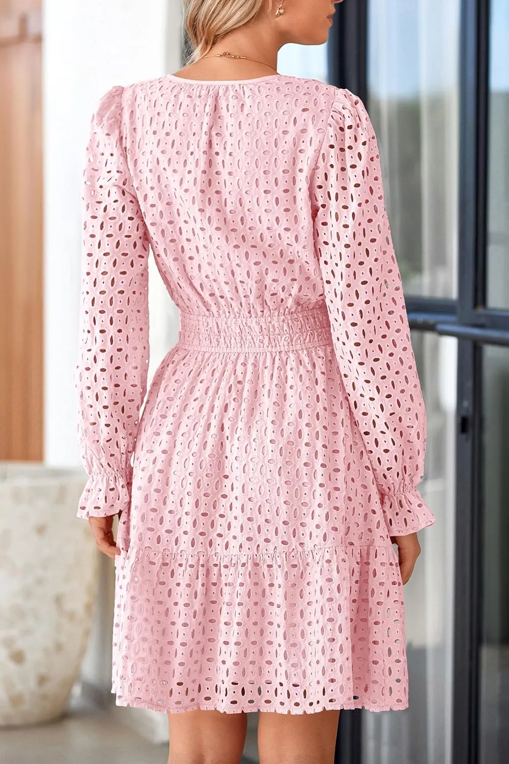 PRETTYGARDEN Women's 2025 Long Sleeve Mini Dress Eyelet V Neck A Line Casual Elegant Holiday Wedding Guest Party Dresses