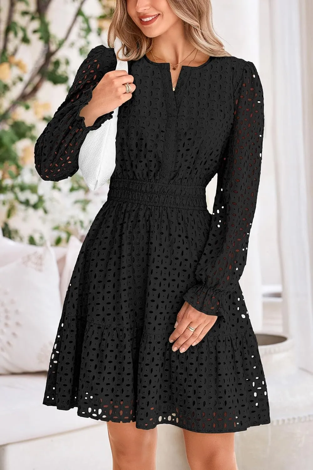 PRETTYGARDEN Women's 2025 Long Sleeve Mini Dress Eyelet V Neck A Line Casual Elegant Holiday Wedding Guest Party Dresses