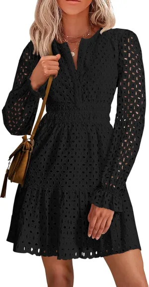 PRETTYGARDEN Women's 2025 Long Sleeve Mini Dress Eyelet V Neck A Line Casual Elegant Holiday Wedding Guest Party Dresses