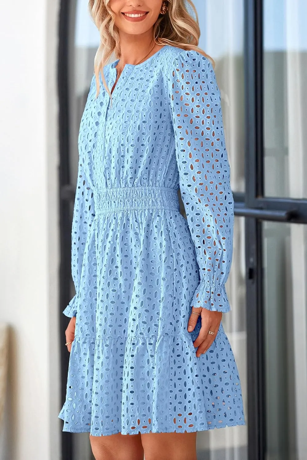 PRETTYGARDEN Women's 2025 Long Sleeve Mini Dress Eyelet V Neck A Line Casual Elegant Holiday Wedding Guest Party Dresses