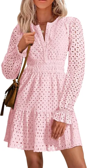 PRETTYGARDEN Women's 2025 Long Sleeve Mini Dress Eyelet V Neck A Line Casual Elegant Holiday Wedding Guest Party Dresses