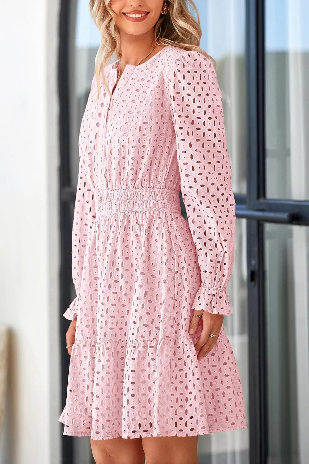 PRETTYGARDEN Women's 2025 Long Sleeve Mini Dress Eyelet V Neck A Line Casual Elegant Holiday Wedding Guest Party Dresses