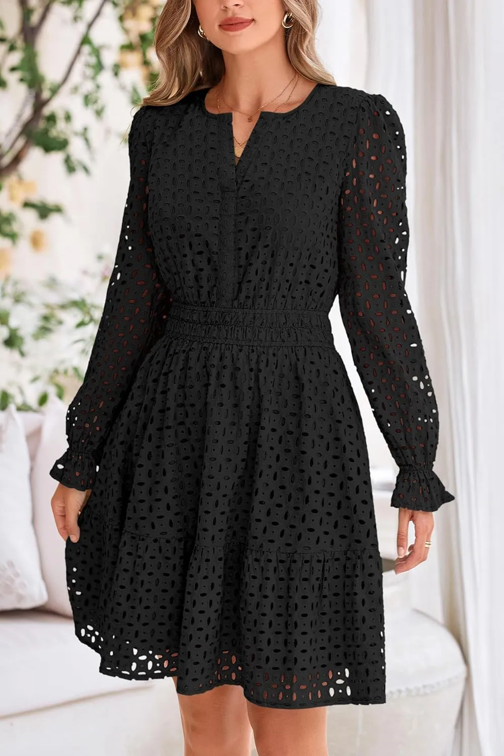 PRETTYGARDEN Women's 2025 Long Sleeve Mini Dress Eyelet V Neck A Line Casual Elegant Holiday Wedding Guest Party Dresses