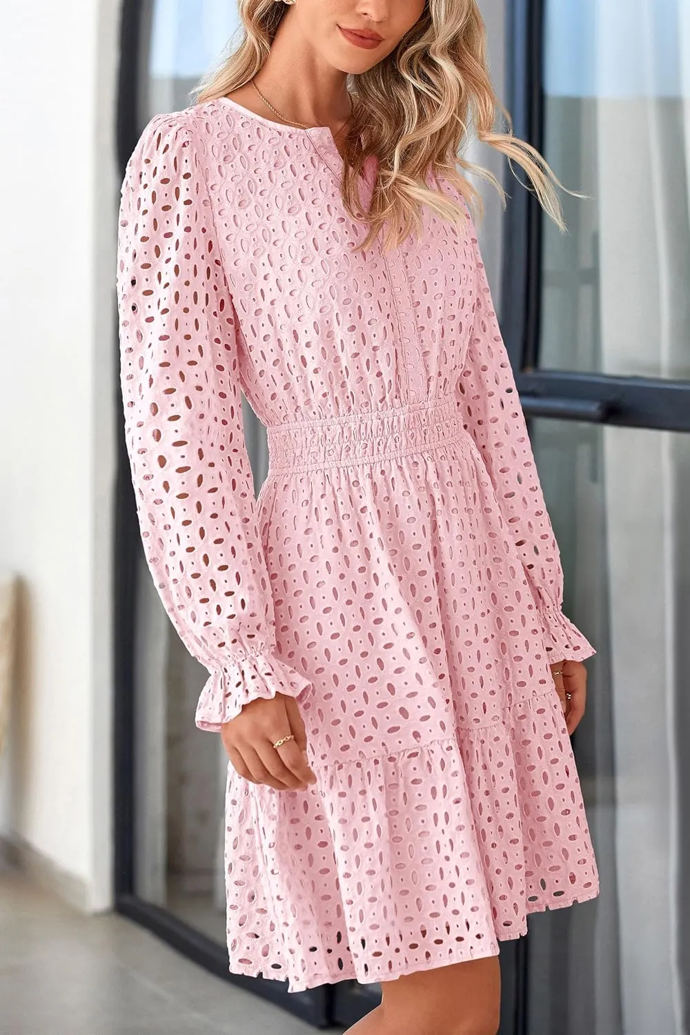 PRETTYGARDEN Women's 2025 Long Sleeve Mini Dress Eyelet V Neck A Line Casual Elegant Holiday Wedding Guest Party Dresses