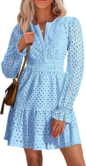 PRETTYGARDEN Women's 2025 Long Sleeve Mini Dress Eyelet V Neck A Line Casual Elegant Holiday Wedding Guest Party Dresses